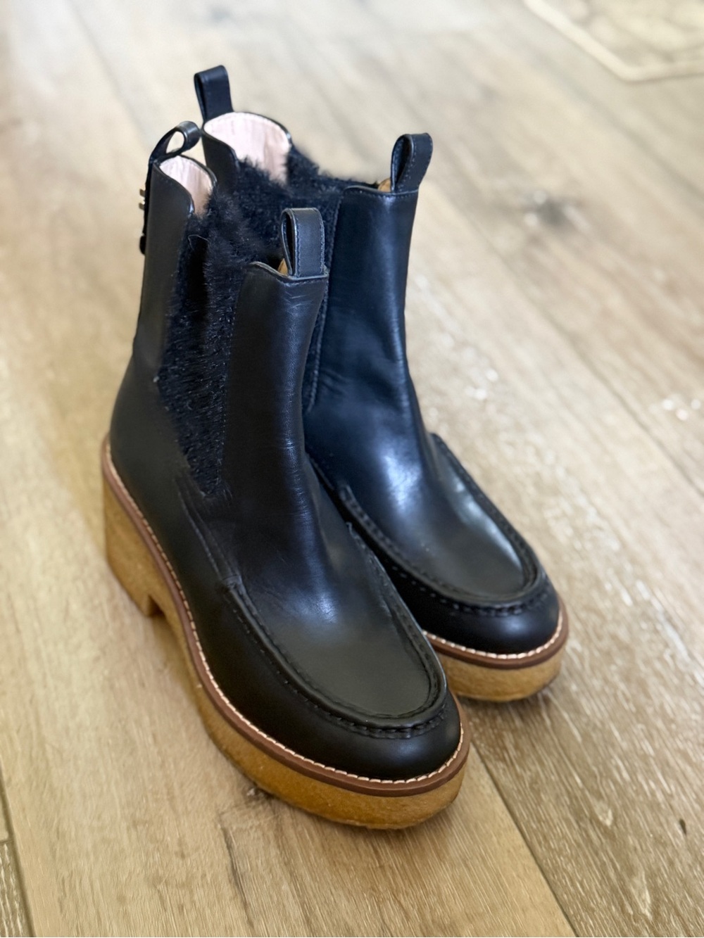 Coach Black Leather Chelsea Boots with Brown Lug Platform